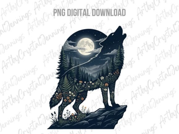Download Midnight Moon Floral Scenic Wolf PNG - Premium Resources