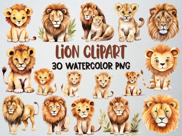 Download Watercolor Lion Clipart Set, 30 PNG - Lion clipart Collection